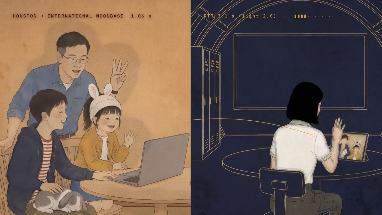 Split-screen call between Earth and the Moon: a father and two children gather at a laptop in their warm-lit home, while Claire sits at the Moonbase table watching them on a tablet; a gold signal line crosses between the two halves.