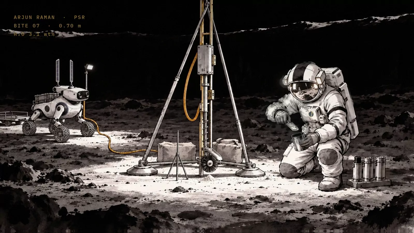Ink and wash on black: an astronaut kneels beside a tall drill on a braced tripod frame in a dark crater, lit by a work lamp, a small wheeled rover with panel ears behind, sample canisters lined up in front.