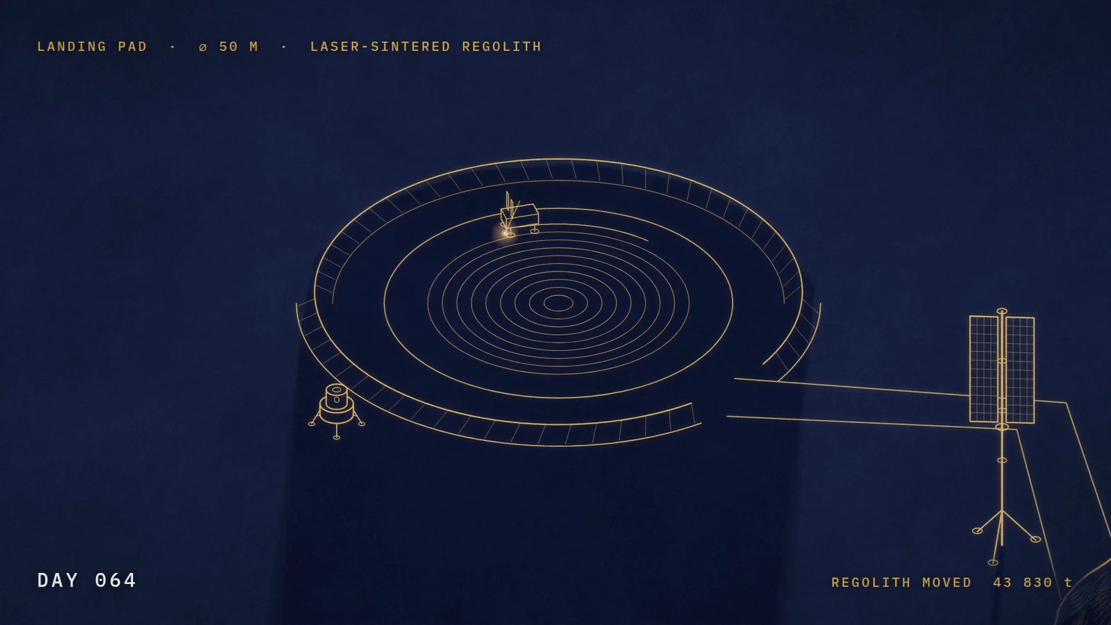 Gold line drawing on indigo: a small laser rover circles a round landing pad, leaving concentric dark passes of fused regolith inside its raised rim.