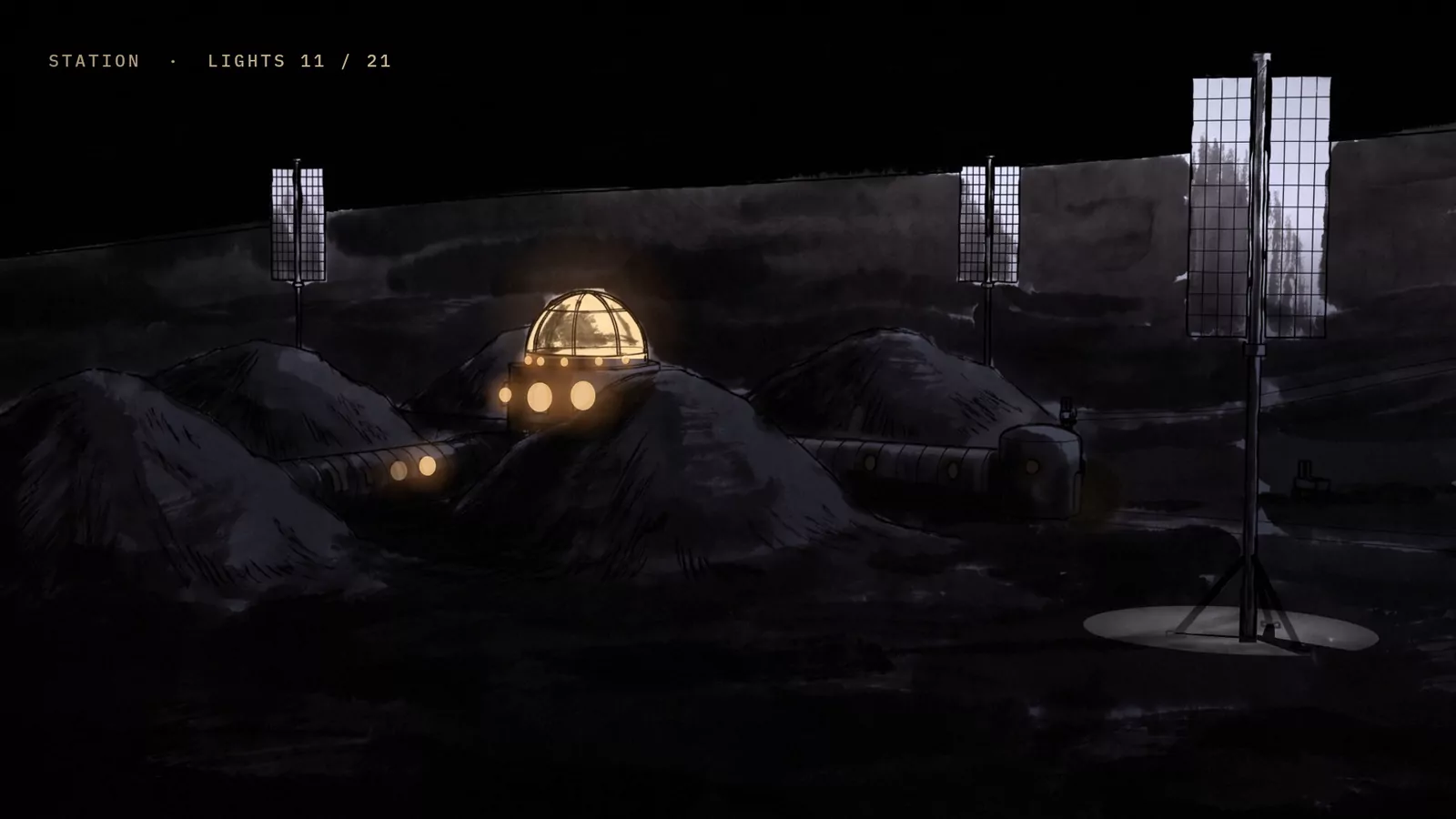 Night on the Moon: low dark mounds of regolith over the station's modules, a glowing glass cupola with a ring of small lit portholes, tall solar masts standing in the dark, and hard pools of lamplight on the ground.