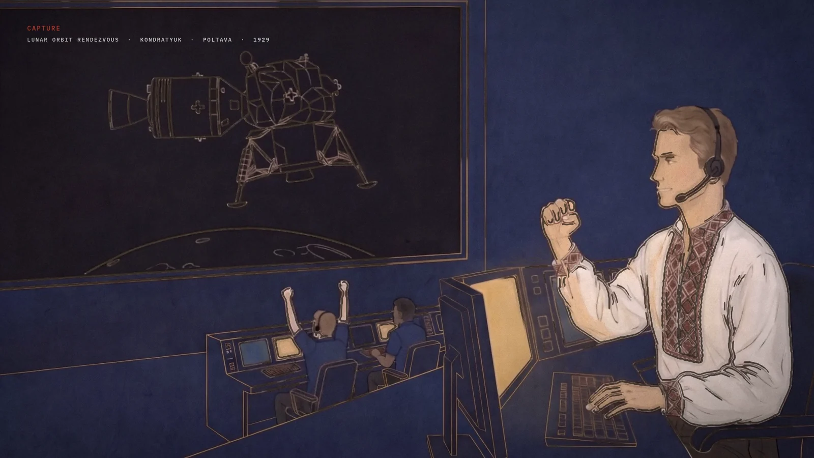 Film still in gold line and paint on indigo: Andriy raises a clenched fist in celebration beside a screen showing the capsule docked to the lunar lander under CAPTURE; another controller raises both arms at a console below.