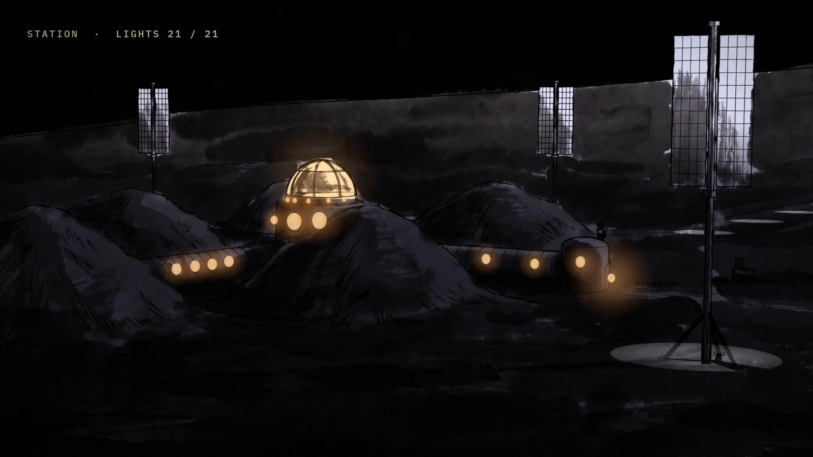 Night on the Moon with all 21 station lights on: a lit glass cupola, glowing tunnel portholes and hatch lamps among the regolith-covered modules, with tall solar masts and hard pools of lamplight on the ground; the counter reads LIGHTS 21 / 21.