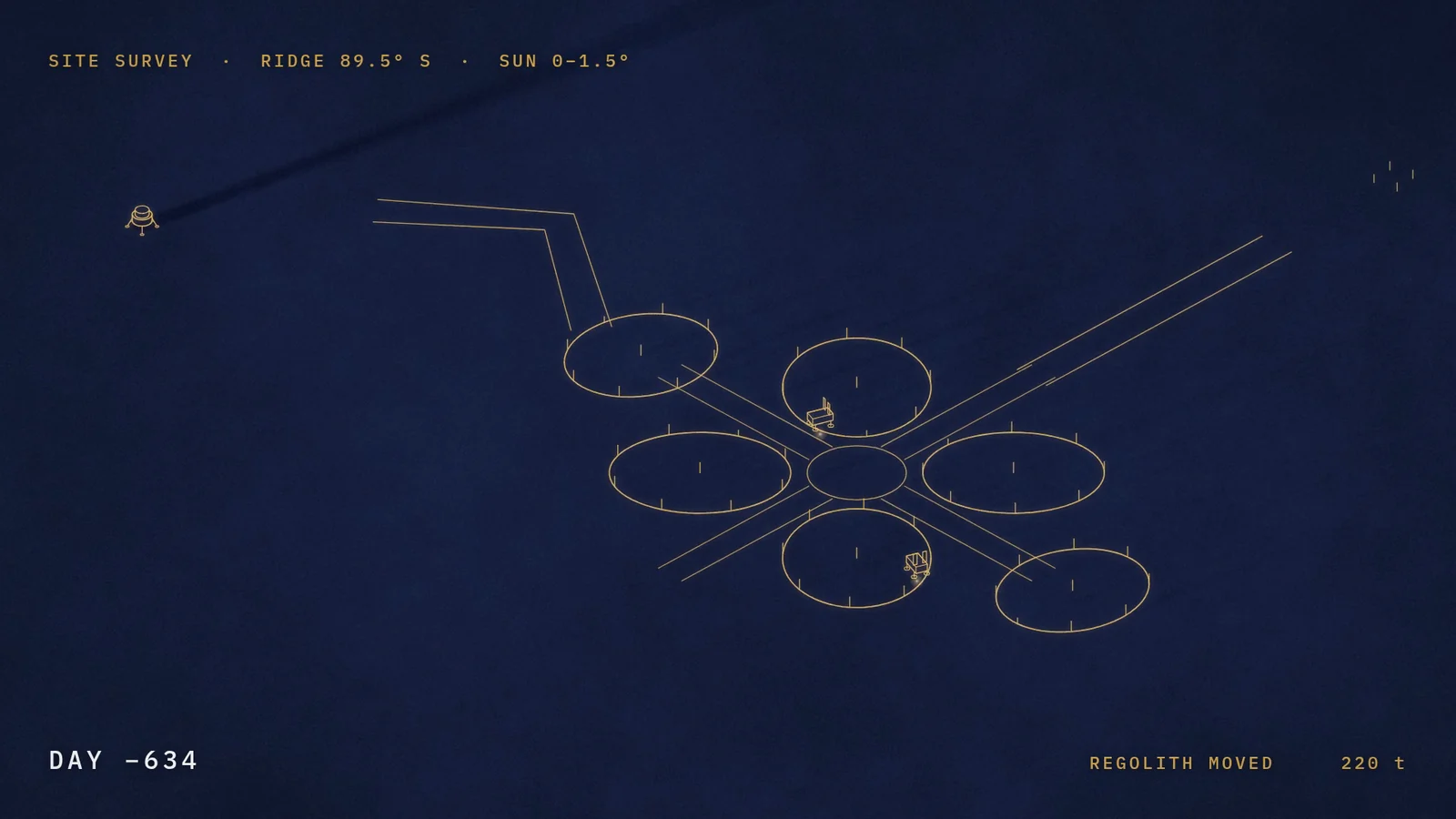 Gold line drawing on indigo: small survey rovers mark the hub, module footprints and service roads on bare regolith, under the caption SITE SURVEY · RIDGE 89.5° S · SUN 0–1.5°.